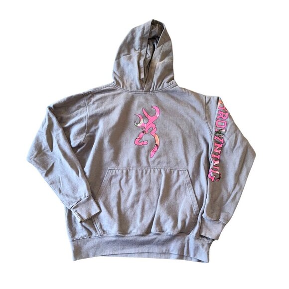 Browning | Grey Hoodie w Pink Camouflage Logo Women Medium Hunting - Picture 1 of 11